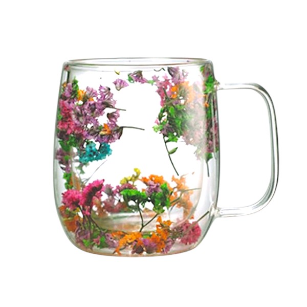 410 ml floral Double wall insulated glass mug with dried flowers