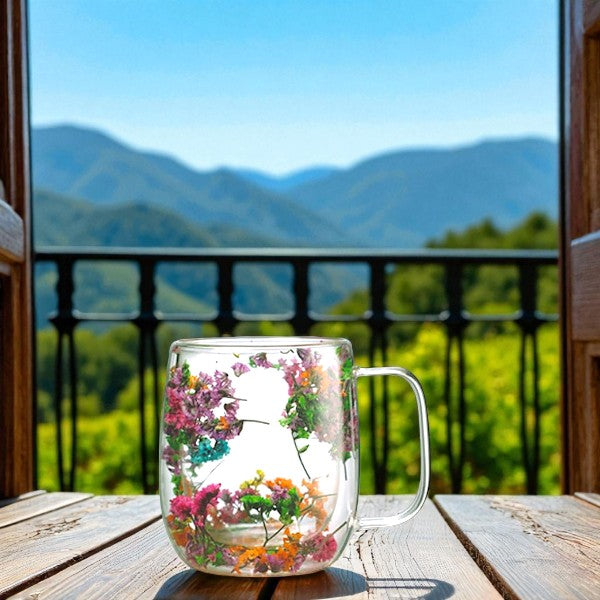 410 ml floral Double wall insulated glass mug with dried flowers