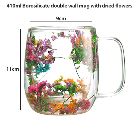 410 ml floral Double wall insulated glass mug with dried flowers