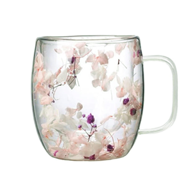 410 ml floral Double wall insulated glass mug with dried flowers