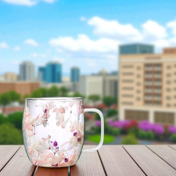 410 ml floral Double wall insulated glass mug with dried flowers