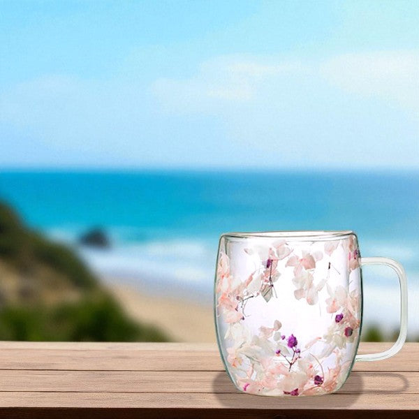 410 ml floral Double wall insulated glass mug with dried flowers