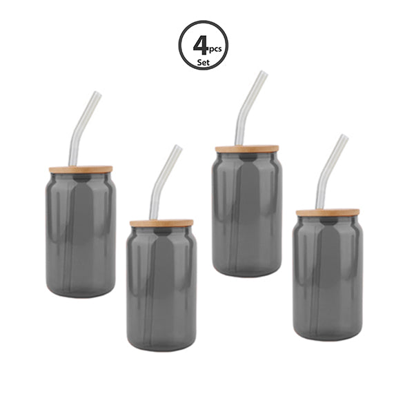 set of 4pcs Matcha/soda 480ml borosilicate glass cup & straw with bamboo lid