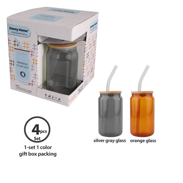 set of 4pcs Matcha/soda 480ml borosilicate glass cup & straw with bamboo lid