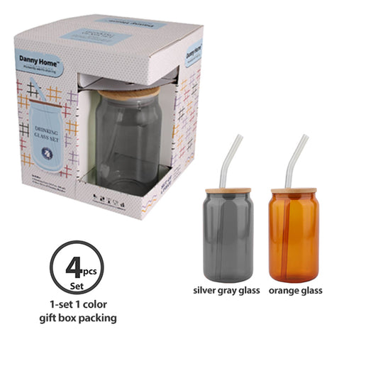 set of 4pcs Matcha/soda 480ml borosilicate glass cup & straw with bamboo lid
