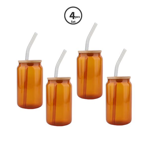 set of 4pcs Matcha/soda 480ml borosilicate glass cup & straw with bamboo lid