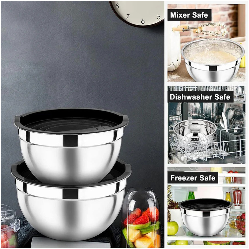 5 pcs stainless steel bowl set with cover & silicone base