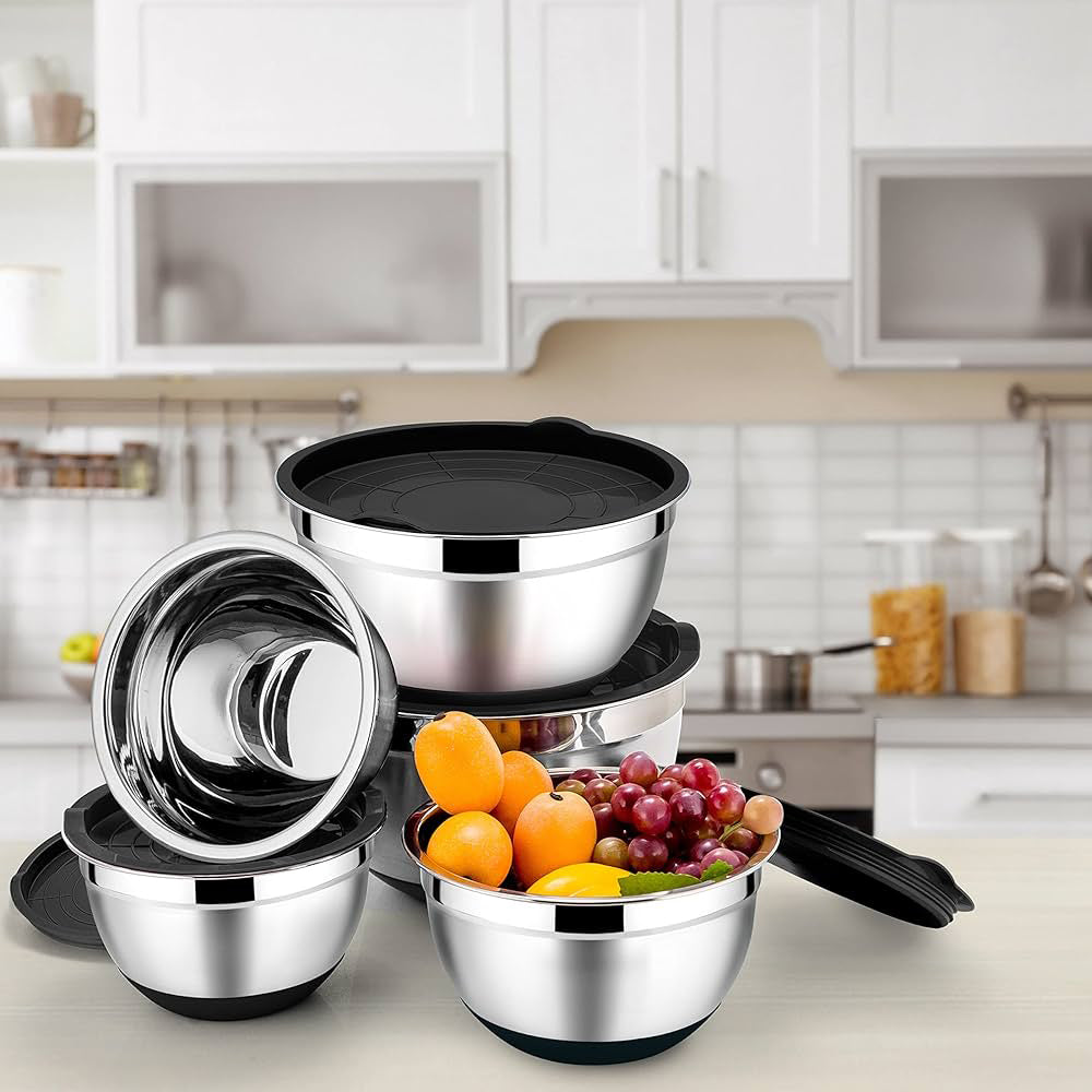5 pcs stainless steel bowl set with cover & silicone base