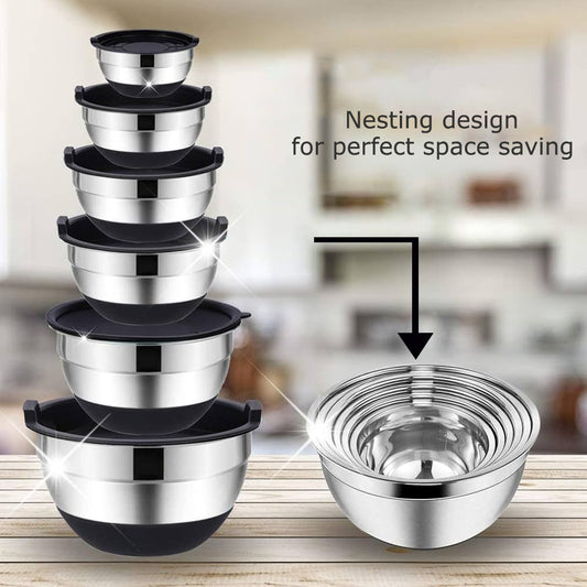 5 pcs stainless steel bowl set with cover & silicone base