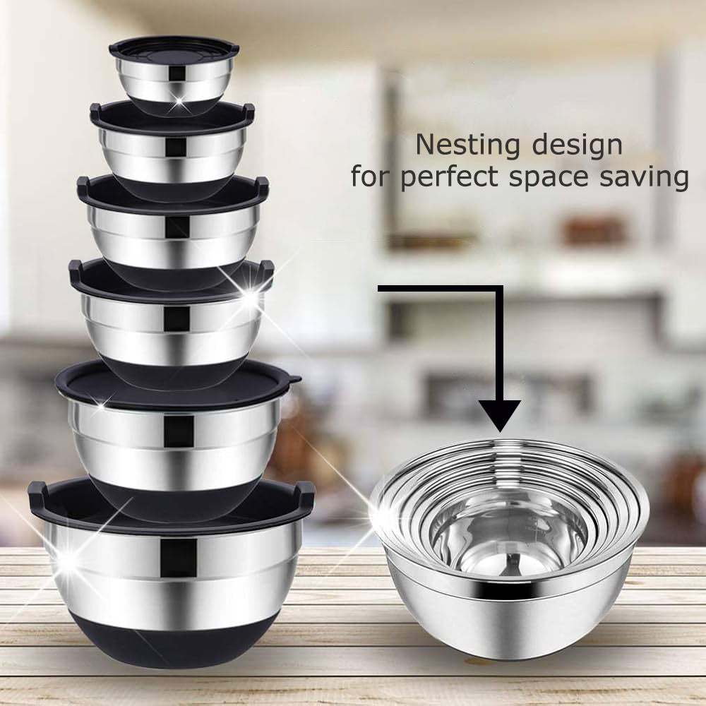 5 pcs stainless steel bowl set with cover & silicone base