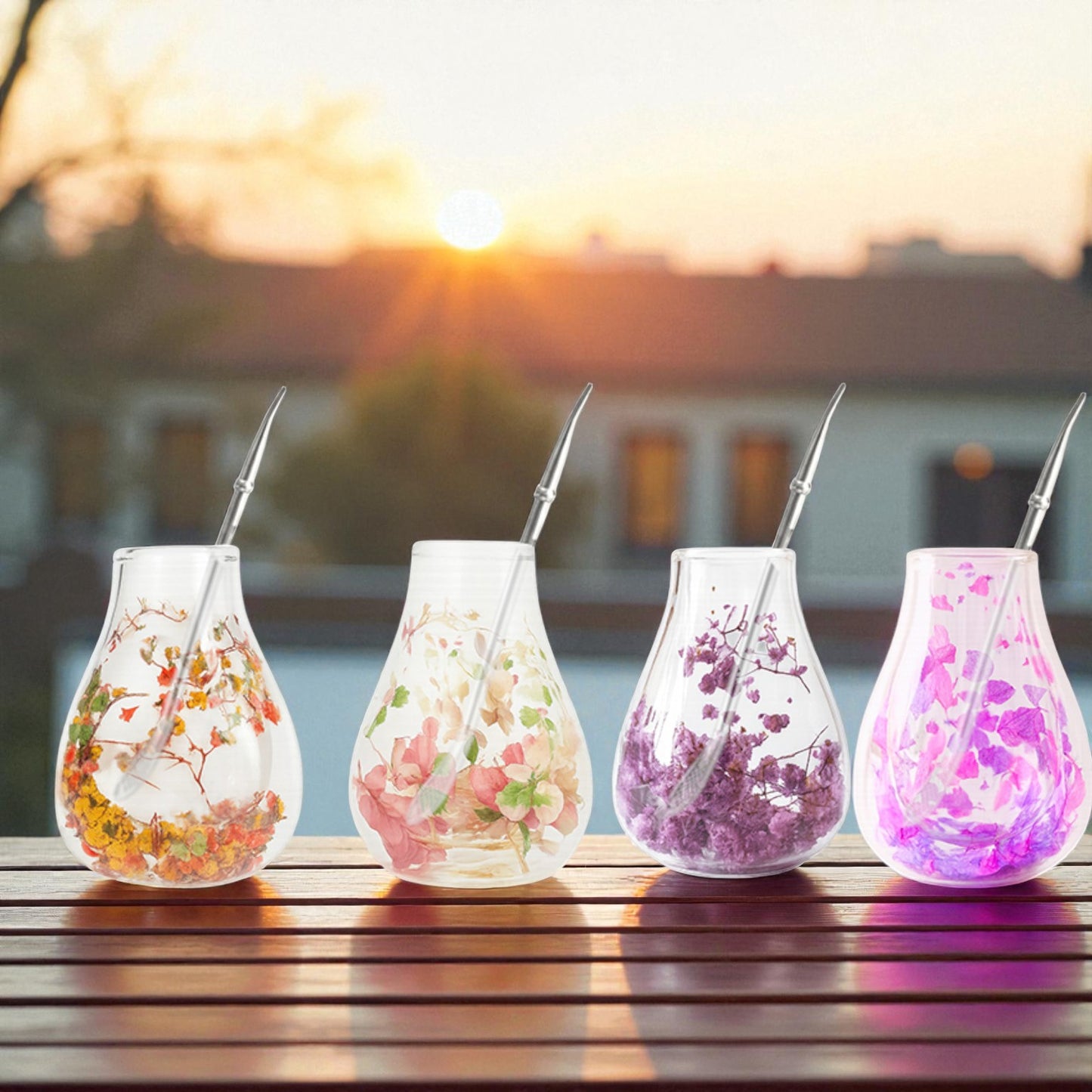 100ml dried flowers double wall yerba mate cup tear-drop shape+straw