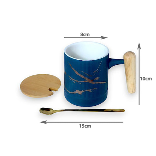 Ceramic mug with wooden handle & lid + golden stainless spoon