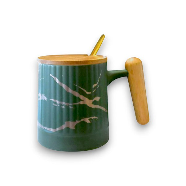Ceramic mug with wooden handle & lid + golden stainless spoon