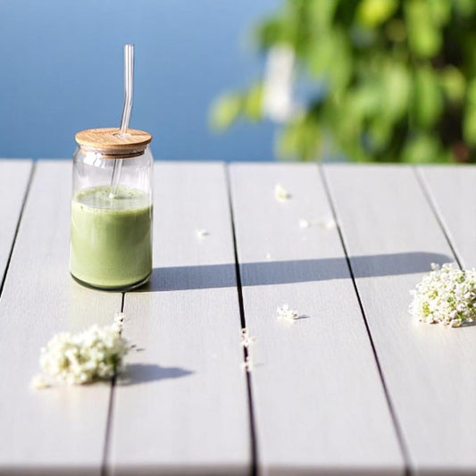 Hot and cold matcha cup heat resistant borosilicate glass & straw with bamboo lid