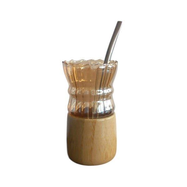 Yerba mate cup golden glass with bamboo base +straw