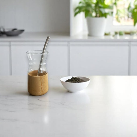 Yerba mate cup clear glass with bamboo base +straw