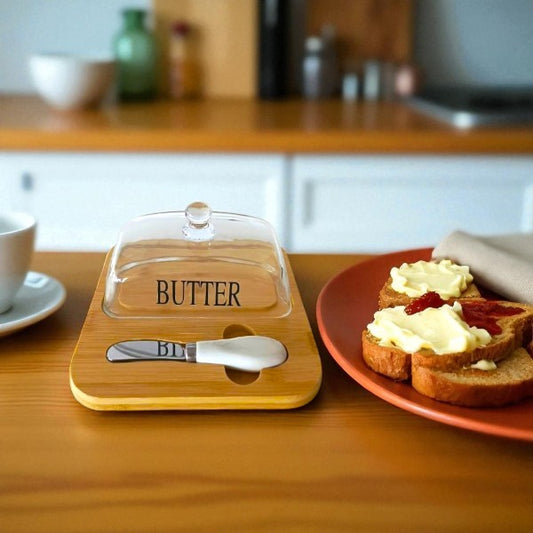 Bamboo butter tray & glass cover with knife