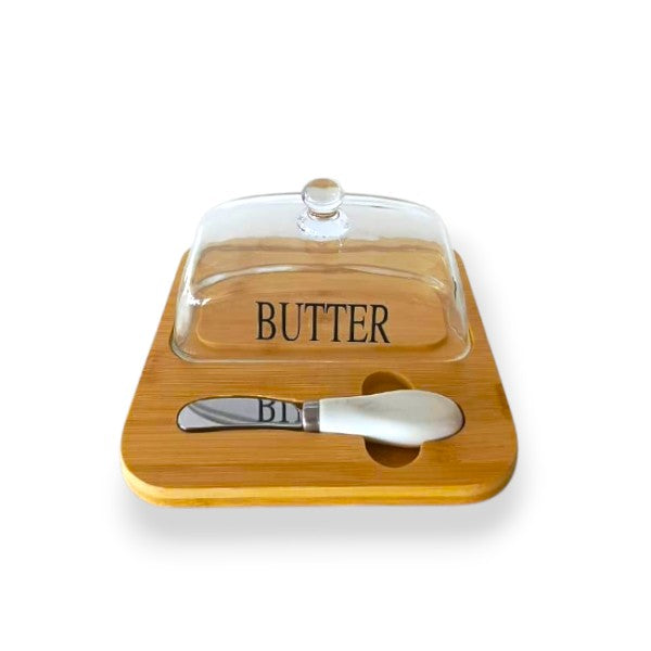 Bamboo butter tray & glass cover with knife
