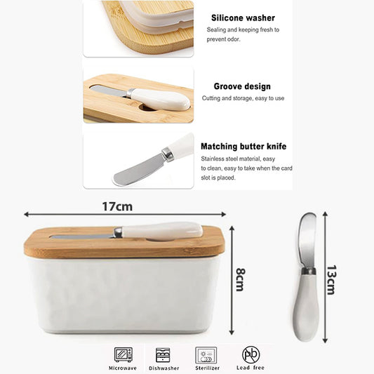 Ceramic butter/snack plate with bamboo lid and knife