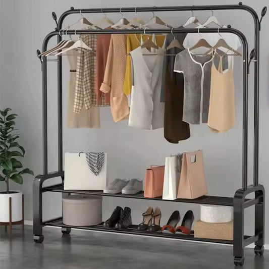 Double Pole double Layer clothes hanging rack with wheels