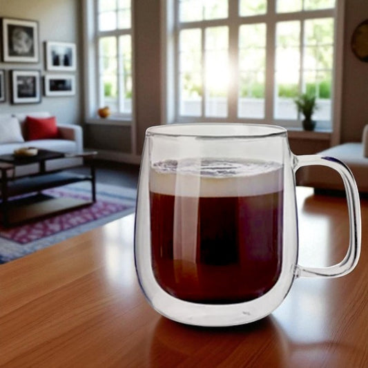 350 ml double wall glass cup with handle