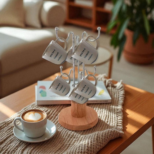 Mugs holder Chrome plated metal rack & wooden base