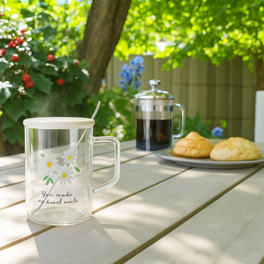 Glass mug with ceramic lid & stainless spoon