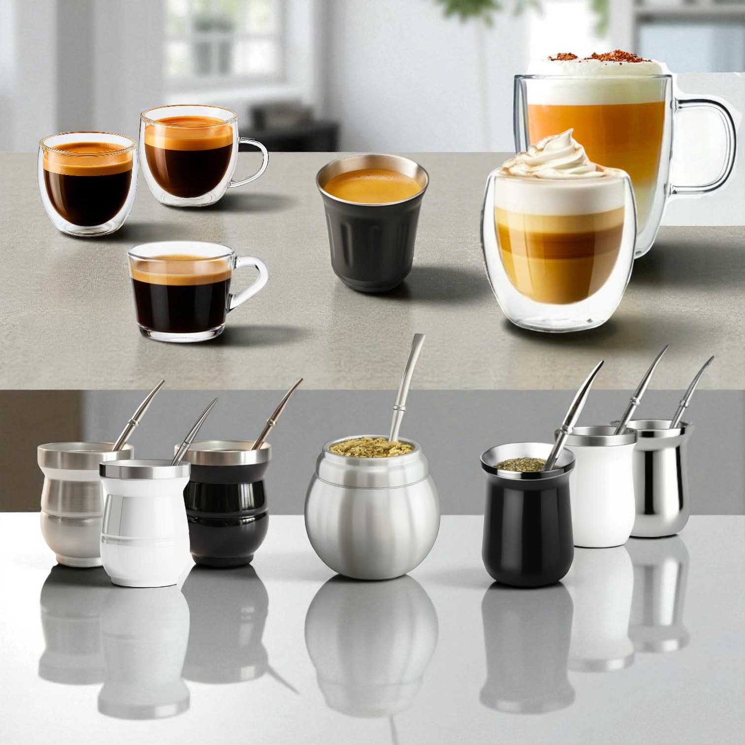 drinkware collection of mate cups with straws, coffee cups and mugs