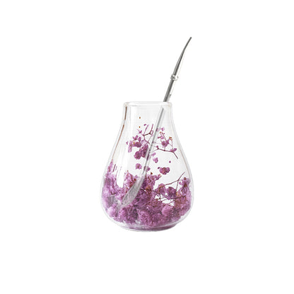 100ml dried flowers double wall yerba mate cup tear-drop shape+straw