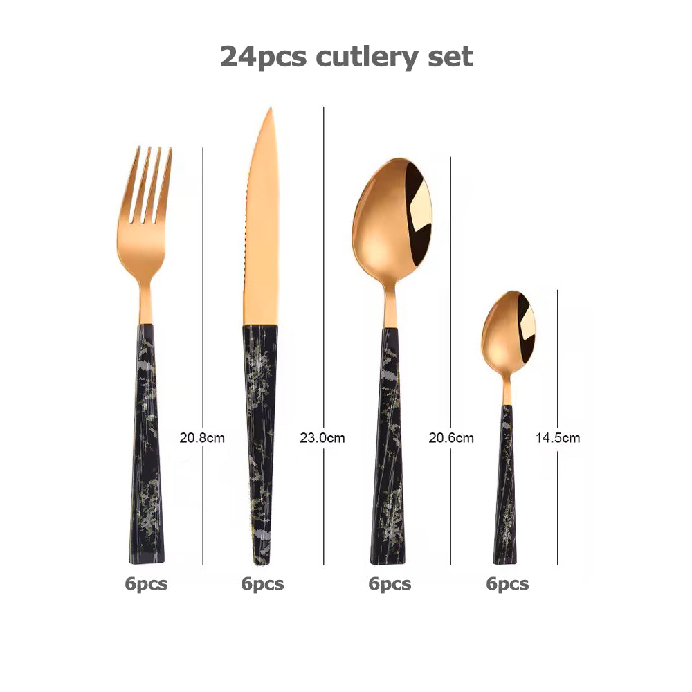 24 pcs SS Rose gold cutlery set with black marble handle