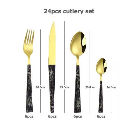 24 pcs SS gold cutlery set with black marble handle