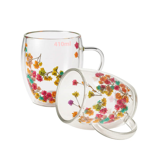 410 ml floral Double wall insulated glass mug with dried flowers