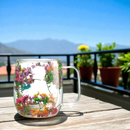 410 ml floral Double wall insulated glass mug with dried flowers