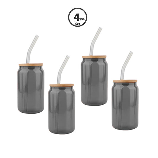 set of 4pcs Matcha/soda 480ml borosilicate glass cup & straw with bamboo lid