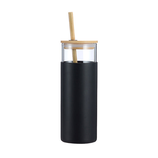 500ml Matcha/soda glass cup with silicone sleeve bamboo lid & straw