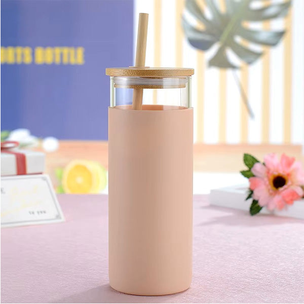 500ml Matcha/soda glass cup with silicone sleeve bamboo lid & straw