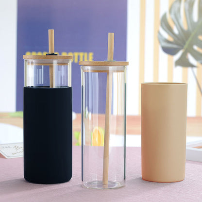 500ml Matcha/soda glass cup with silicone sleeve bamboo lid & straw