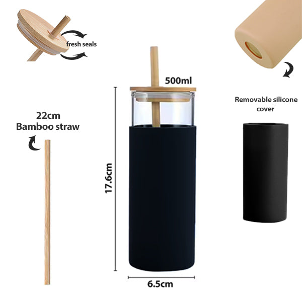500ml Matcha/soda glass cup with silicone sleeve bamboo lid & straw