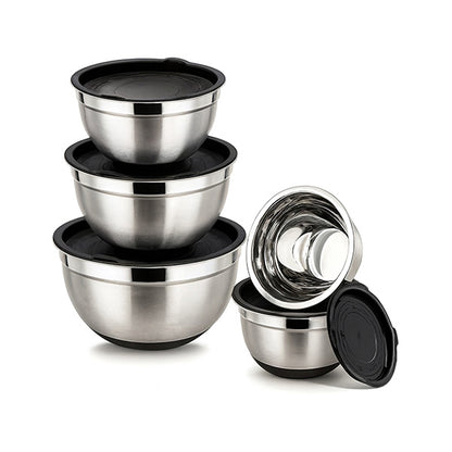 5 pcs stainless steel bowl set with cover & silicone base