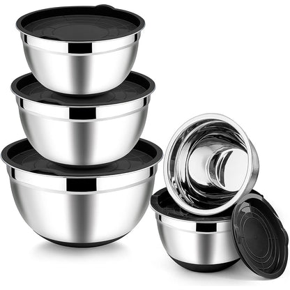 5 pcs stainless steel bowl set with cover & silicone base