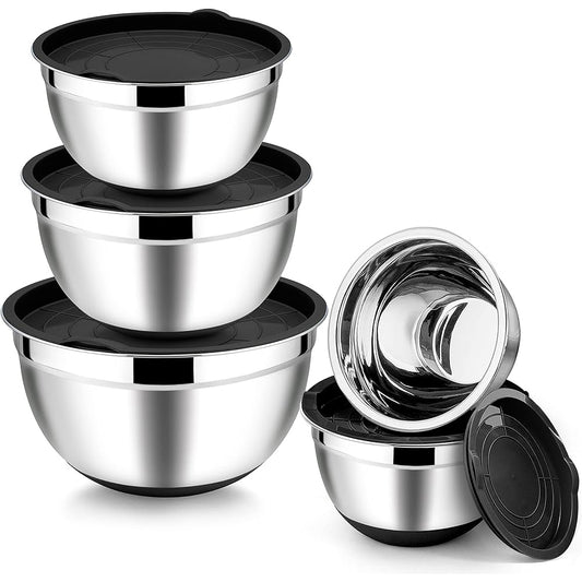 5 pcs stainless steel bowl set with cover & silicone base
