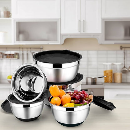 5 pcs stainless steel bowl set with cover & silicone base