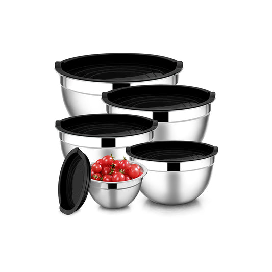 5 pcs Stainless steel mixing bowls with plastic cover without silicone base