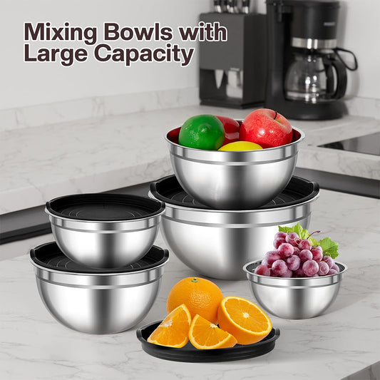 5 pcs Stainless steel mixing bowls with plastic cover without silicone base