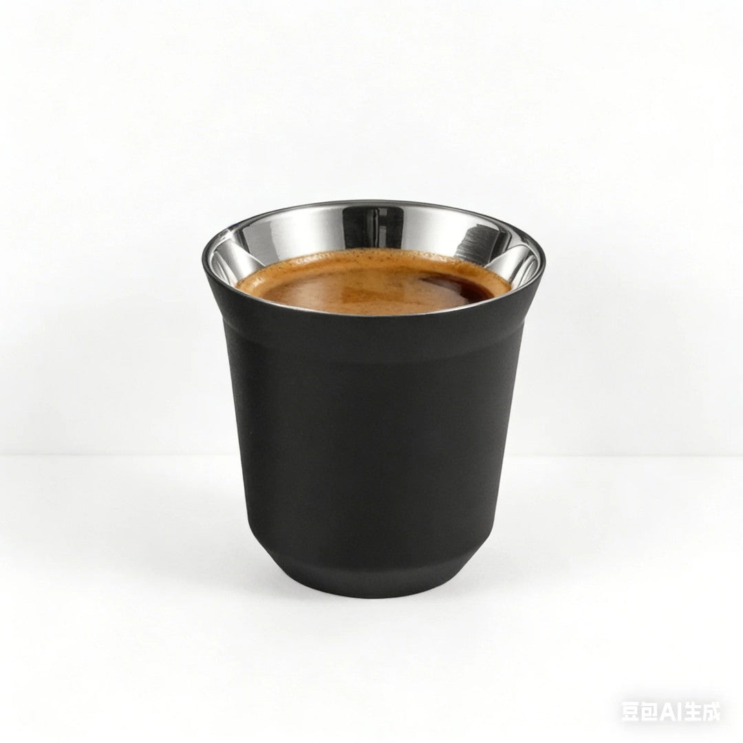 Black double wall stainless steel espresso cup filled with coffee on a white background