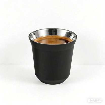 Black double wall stainless steel espresso cup filled with coffee on a white background