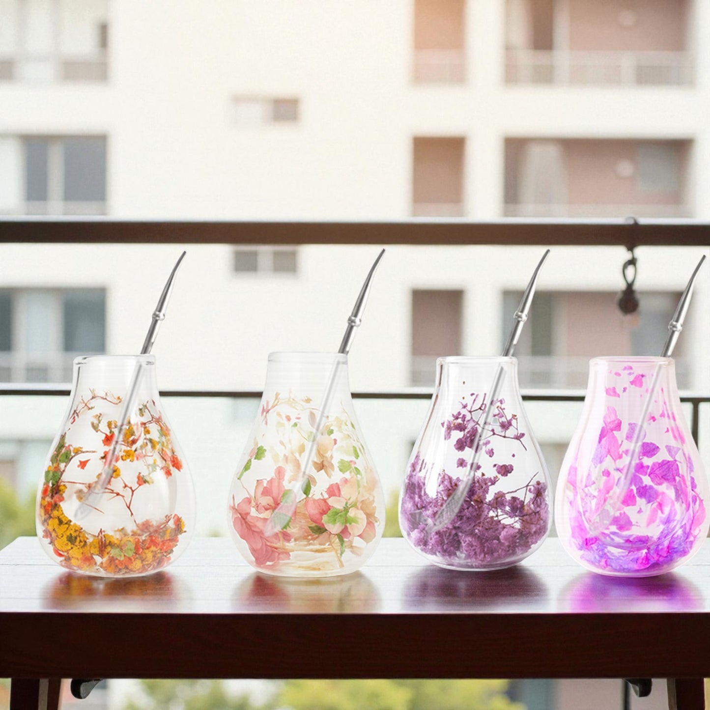 100ml dried flowers double wall yerba mate cup tear-drop shape+straw