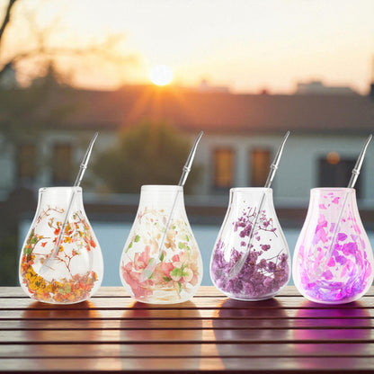 100ml dried flowers double wall yerba mate cup tear-drop shape+straw