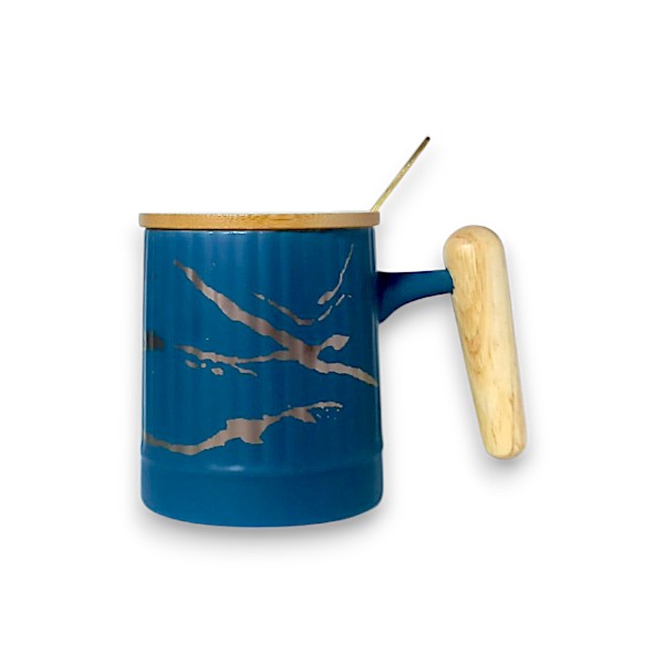 Ceramic mug with wooden handle & lid + golden stainless spoon