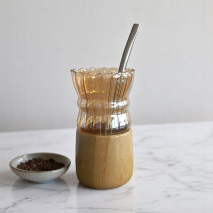 Yerba mate cup golden glass with bamboo base +straw